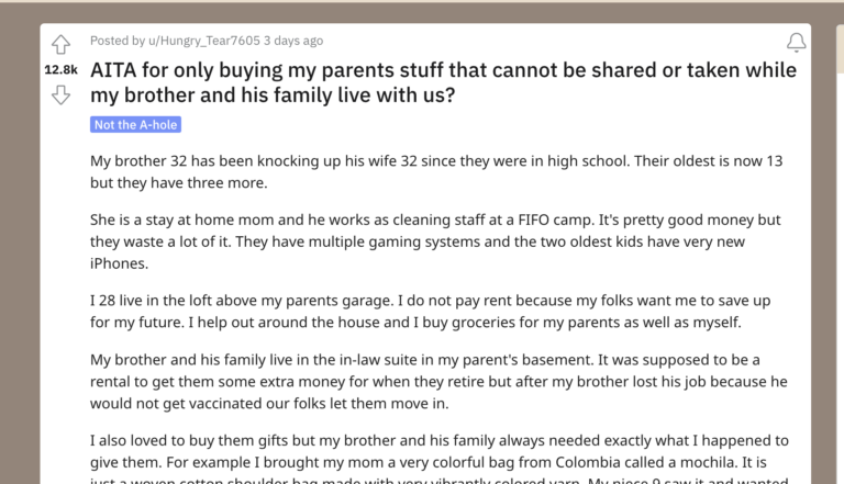 AITA for only buying my parents stuff that cannot be shared or taken while my brother and his family live with us?